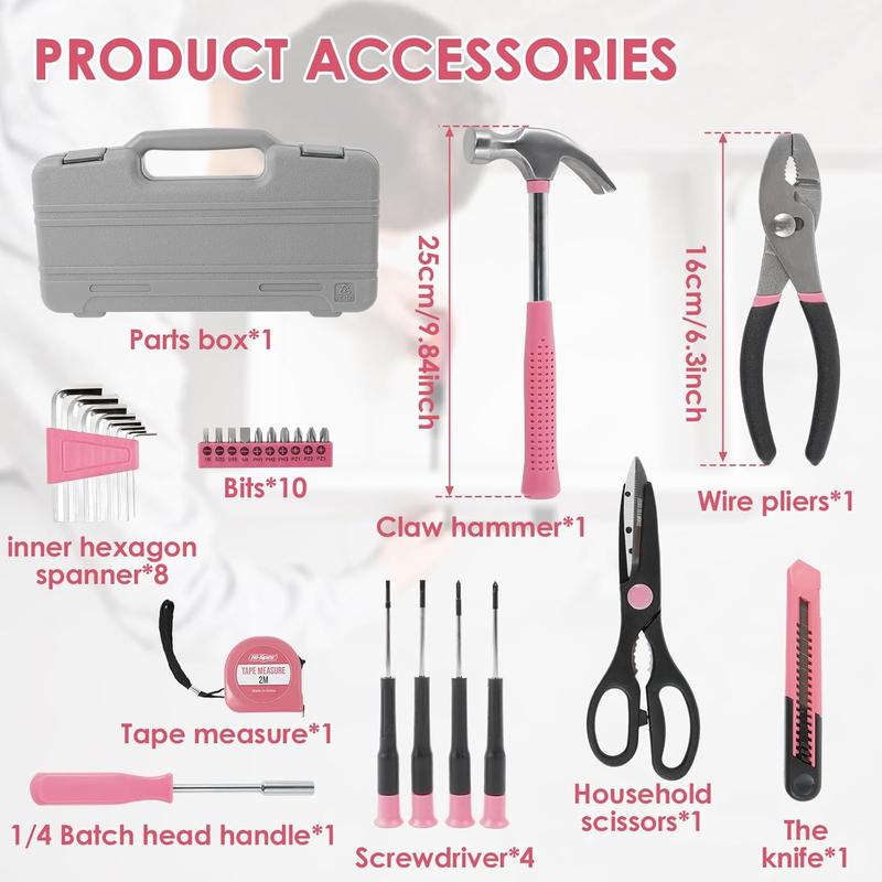 62pcs Tool Set General Household Tool kit, All Purpose Pink Basic DIY Tools Kit with Toolbox Storage Case for Girls Ladies and Women Home Garage Office College Dormitory Use