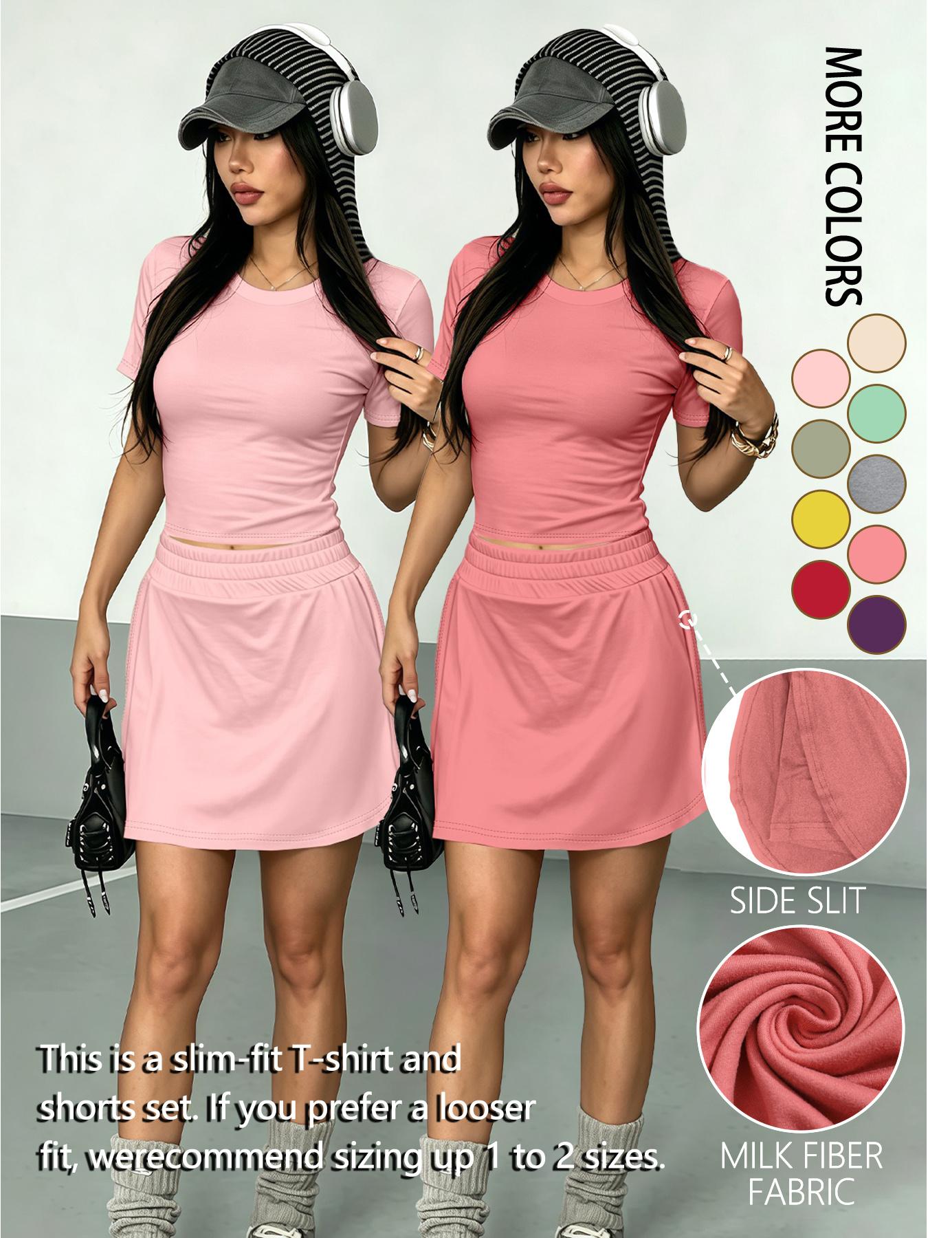 4-piece set, solid color crewneck and skort set, trendy and stylish hot girl style cropped T-shirt and skort, suitable for daily wear, fashionable women's casual sports T-shirt and skirt set