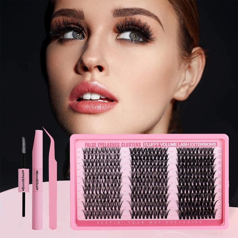 Complete DIY Eyelash Extension Kit – Individual Lashes Clusters with Bond, Seal & Tweezers, 10-16mm, D Curl, 30D/40D/50D Volume, Great for Beginners & Holiday Gift for Her