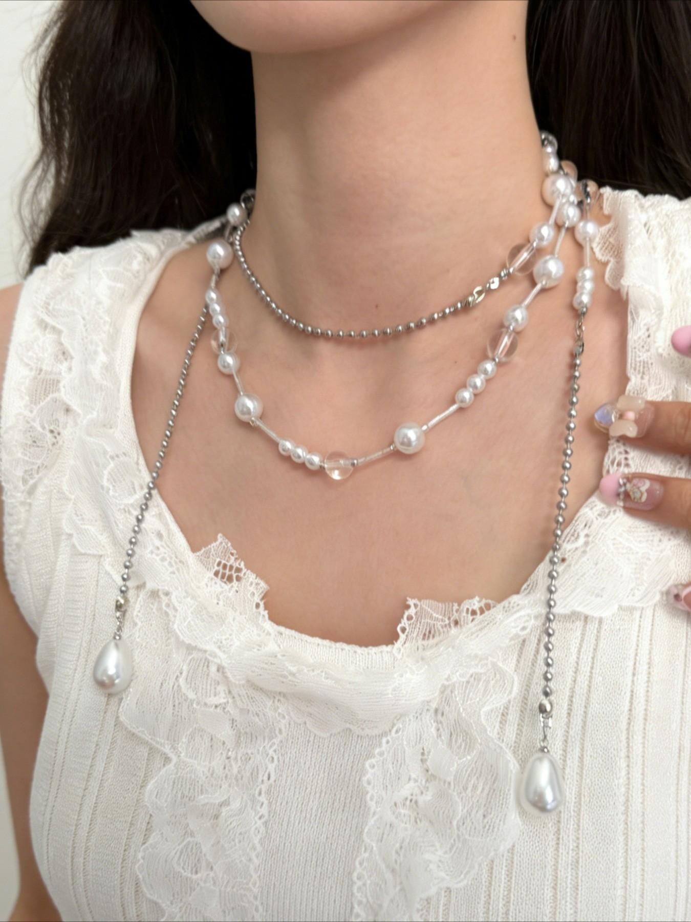 Vintage Imitation Pearl Long Necklace for Women, Versatile Wearable Jewelry, Simple Handmade Beaded Party Holiday Elegant Necklace