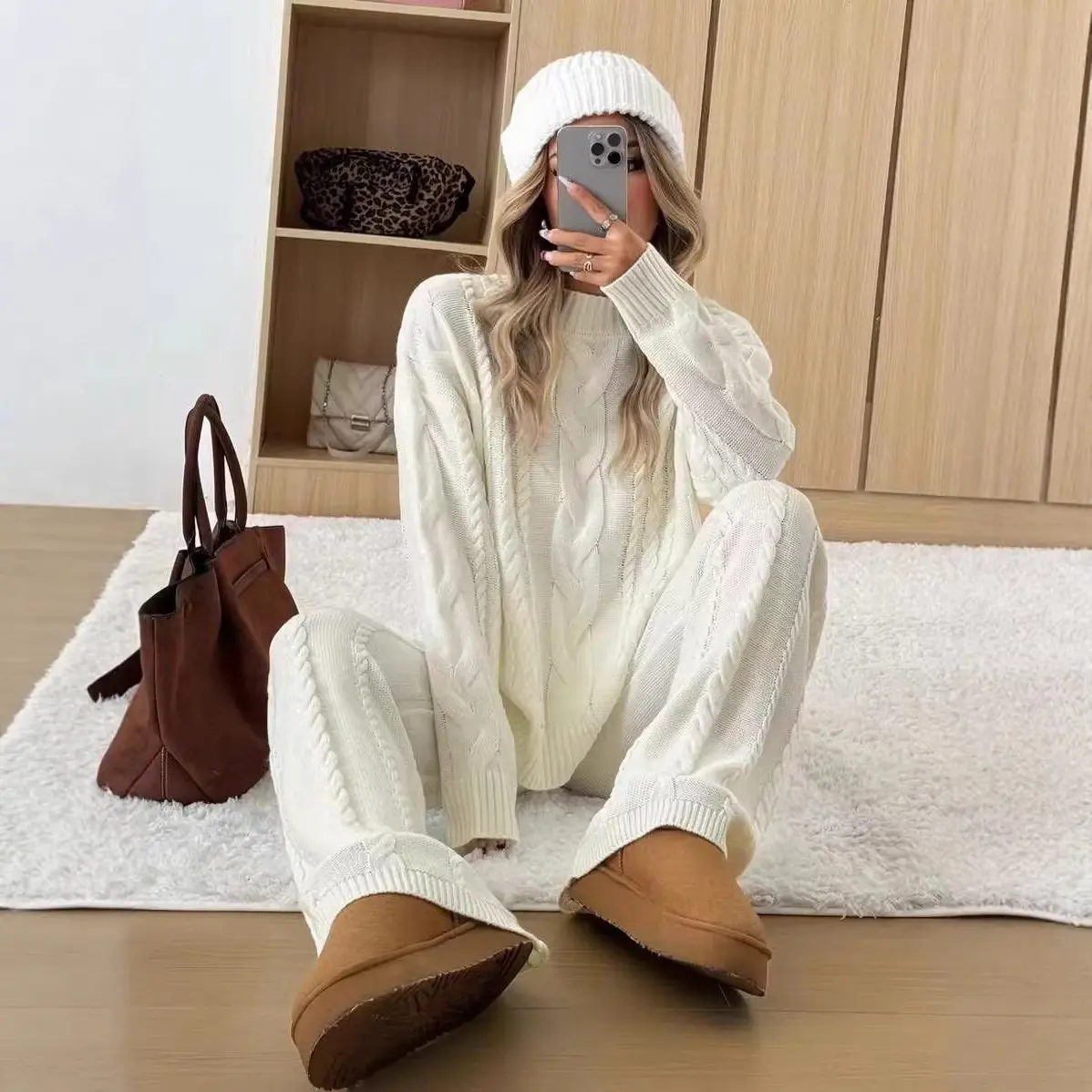 Women’s Cable Knit Sweater and Wide Leg Pants Set, 2 Piece Long Sleeve Pullover and Relaxed Knit Trousers, Cozy Fall Winter Lounge Outfit