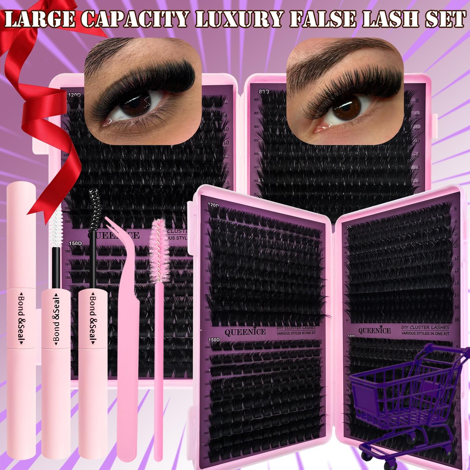 Thick Cluster Lash Extension Kit 80D/110D/150D D Curl 8-16mm Natural Fluffy Wispy Lashes Easy to Apply Sunflower Eye Makeup for Beginners Dramatic Look