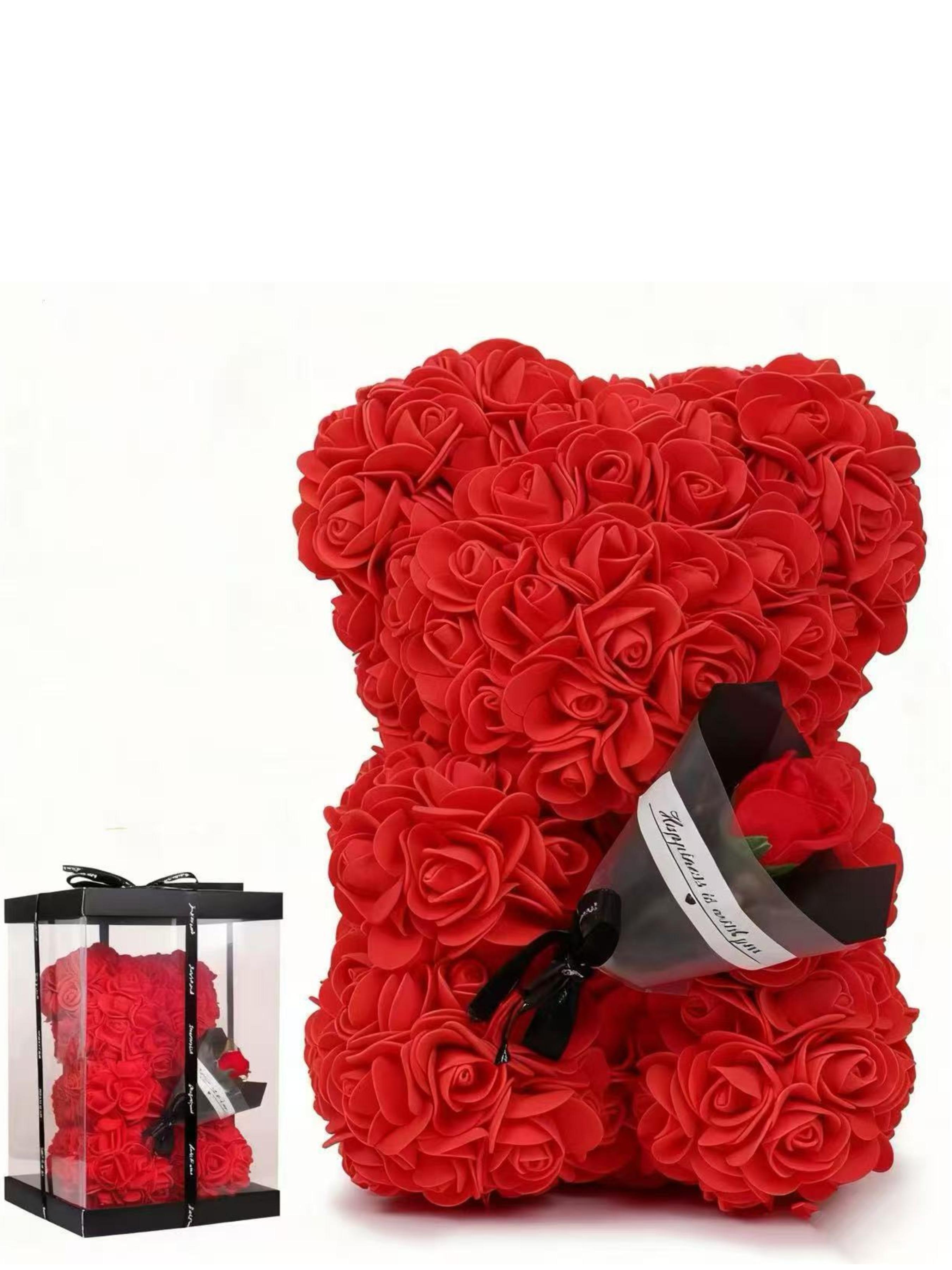 Forever Flower Pe Rose Bear Bouquet, Cute Floral Pattern, Perfect Gift for Valentine's Day, Graduation, Birthday, No Necklace Included