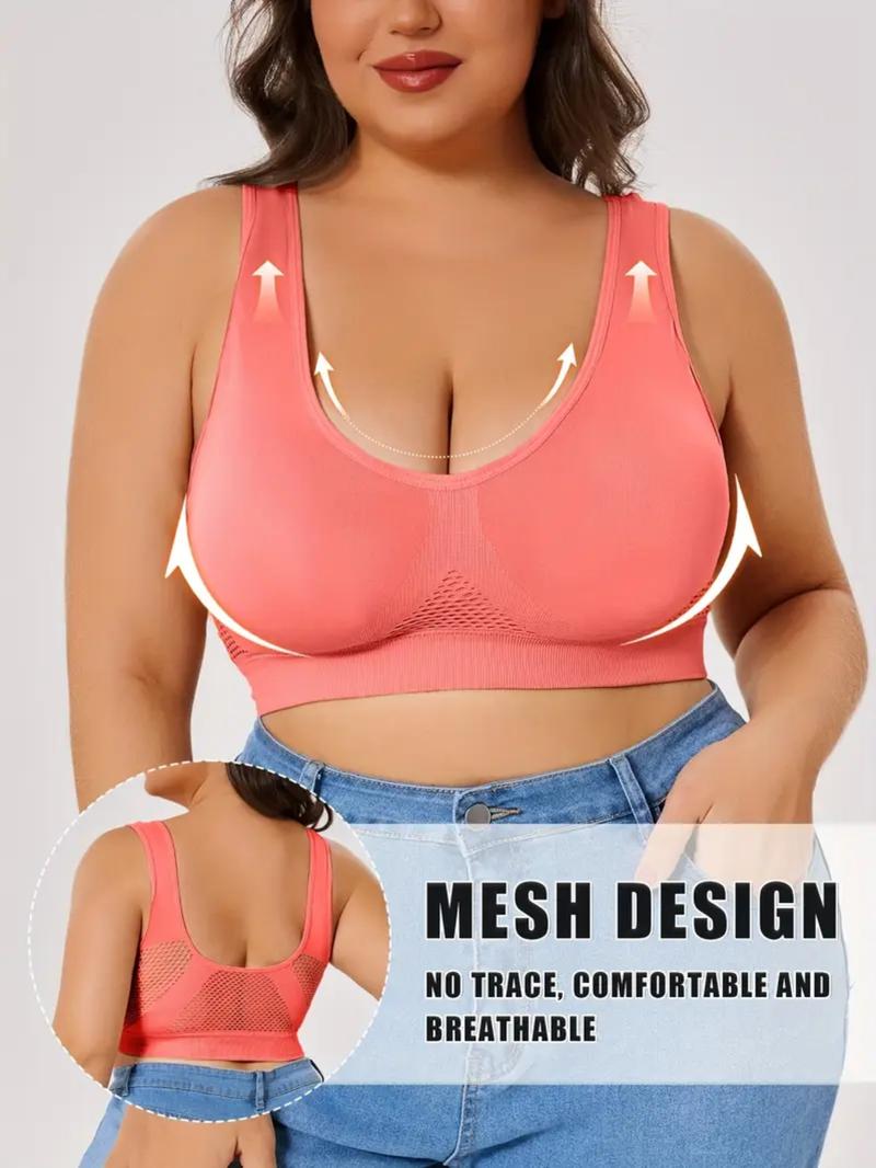 1XL-5XL,Women's Plus Size Wireless Seamless Bra Set, Breathable Hollow Back Crop Top, Wide Strap Basic Bra,All Seasons, Casual Style