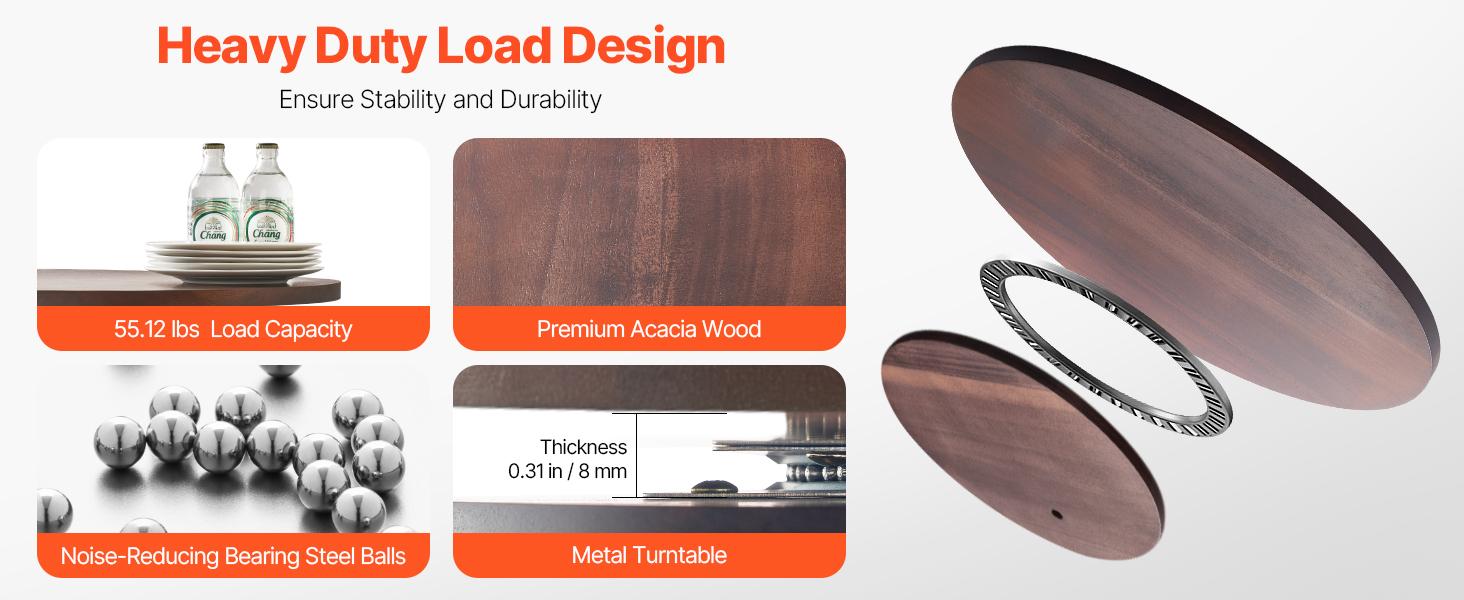 VEVOR 24 in Wood Lazy Susan Turntable, 360 Rotation Round Clear Tabletop Rotating Tray, Acacia Wood Dining Table Centerpiece, Smooth and Silent Spin, for Family Gatherings, Banquets and Weddings