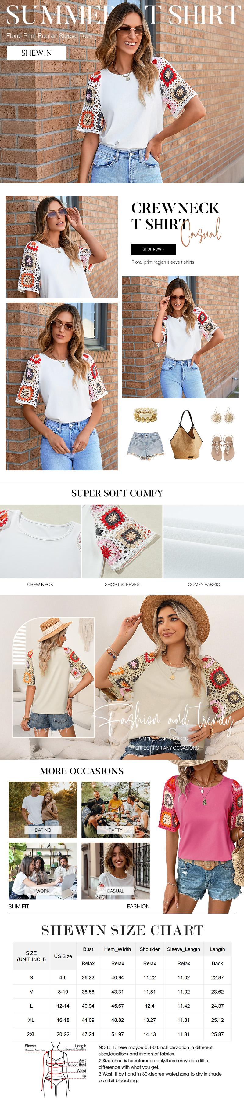 Shewin 2026 Spring/Summer Women's Boho Floral Print T-Shirt - Raglan Short Sleeve Casual for Daily Wear SpringStatements