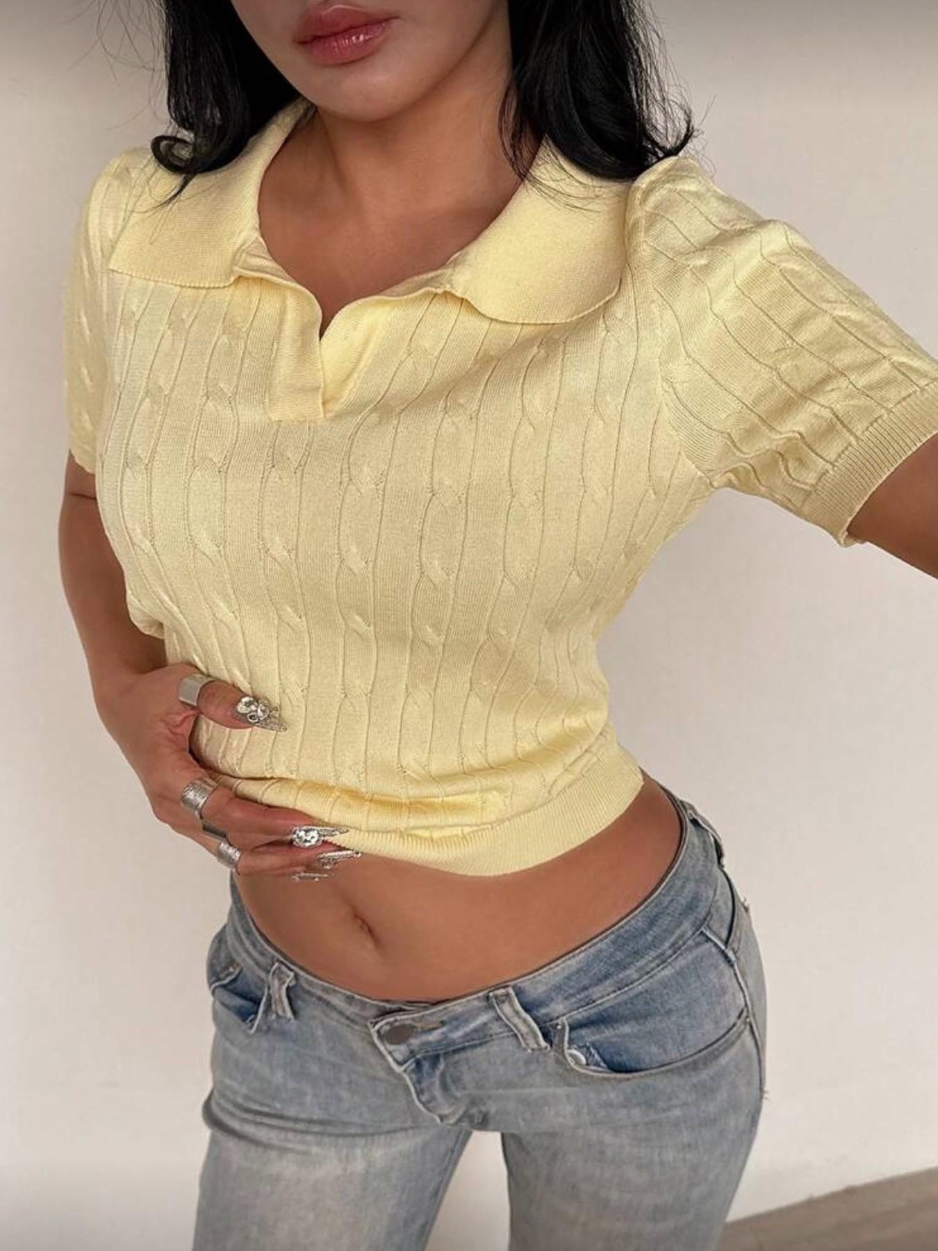 Women's Summer Polo Neck Short Sleeve Knit Sweater, Fashionable Elegant Slim Fit Breathable Casual Top, Pure Color Versatile Pullover Womenswear