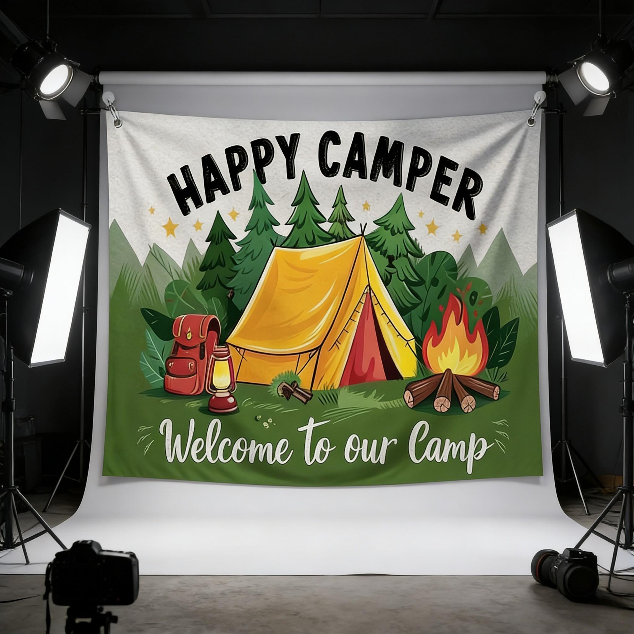 Happy Camper" Themed Party Backdrop - Polyester, Multicolor Forest Campfire and Tent Design with "Welcome to Our Camp" Banner - Ideal for Indoor/Outdoor Family Gatherings, Camping Birthday Decorations, Camping Decorations