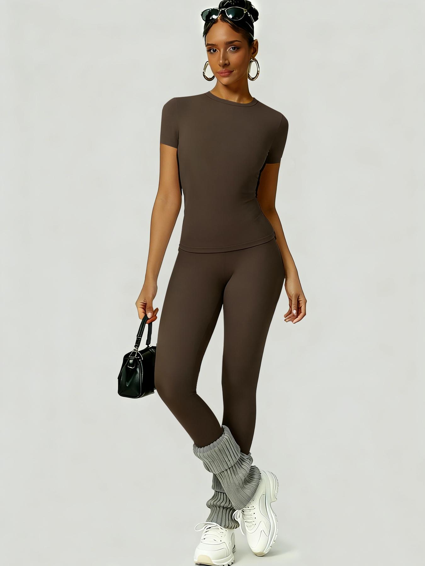 Women's Slim-Fit Round Neck Short Sleeves Top & High-Waisted Yoga Pants Sportswear Set, Ideal for Gym Running and Outdoor Activities