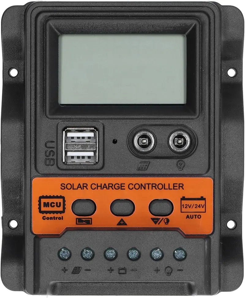 Industrial Grade MCU Control Solar Panel Charge Controller - 12V/24V Auto Mode, 2.5A USB Output, 3-Stage Charging Manag., Anti-Backflow Circuit, Self-Recovery, Ultra-Low Heat Generation, 4.4*4.9in Compact Large LCD Screen for RV, Home Use (Single Unit) Industrial Grade MCU Control Solar Panel Charge Controller - 12V/24V Auto Mode, 2.5A USB Output, 3-Stage Charging Manag., Anti-Backflow Circuit, Self-Recovery, Ultra-Low Heat Generation, 4.4*4.9in Compact Large LCD Screen for RV, Home Use (Single Unit)