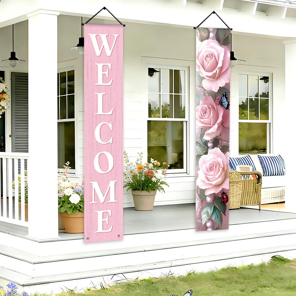 1 Pair 2D Flat Banners, Yard Sign Banner, Spring-Themed Front Door Porch Sign Party Banners with "WELCOME" Lettering, Pink Rose Design, Polyester, Suitable for Spring Parties, Home, Indoor/Outdoor Celebrations, Hanging Decorations