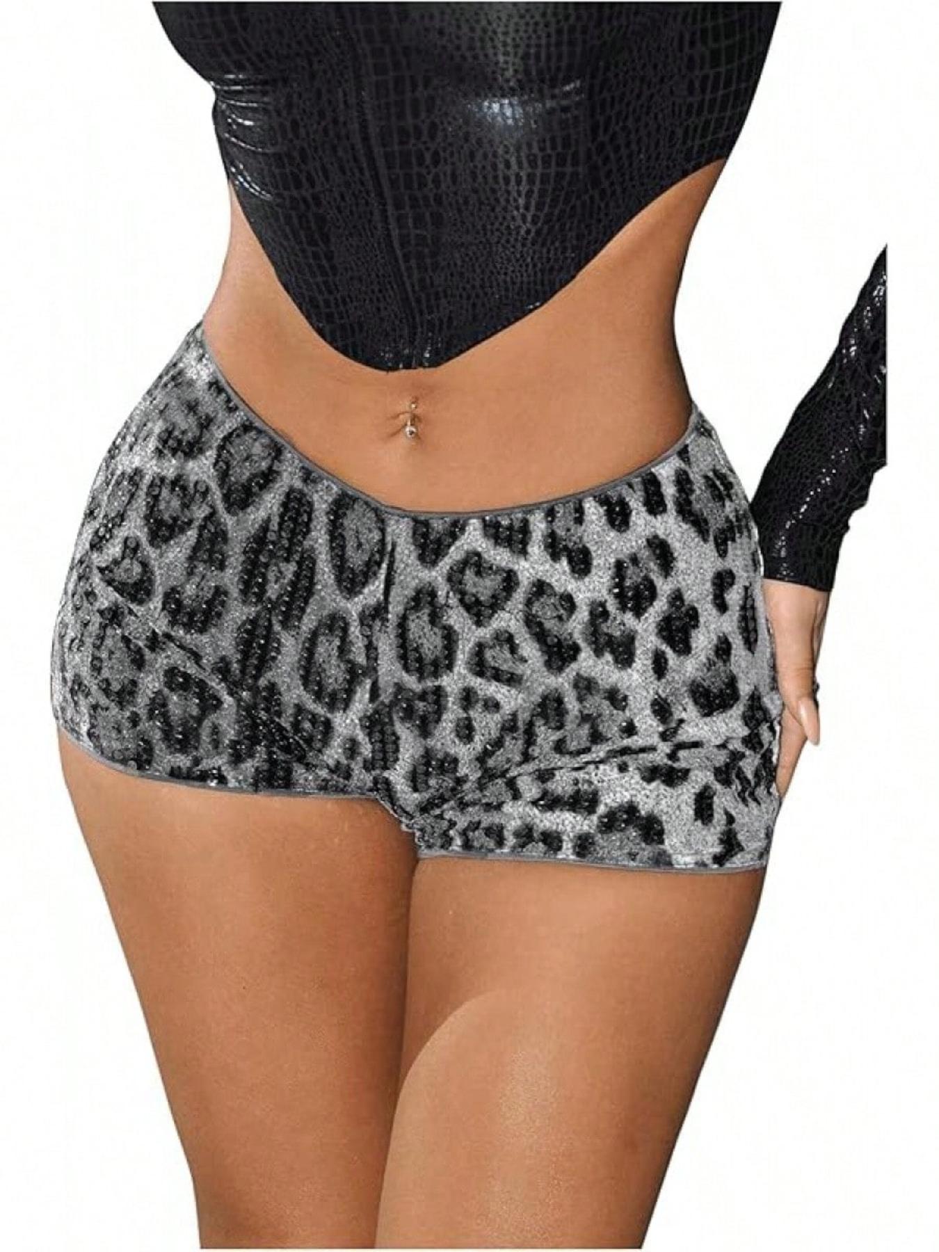 Women's Casual Fashion Low Waist Slim Fit Elastic Leopard Mini Shorts, Womenswear Sequin Design, Perfect for Daily Wear and Stylish