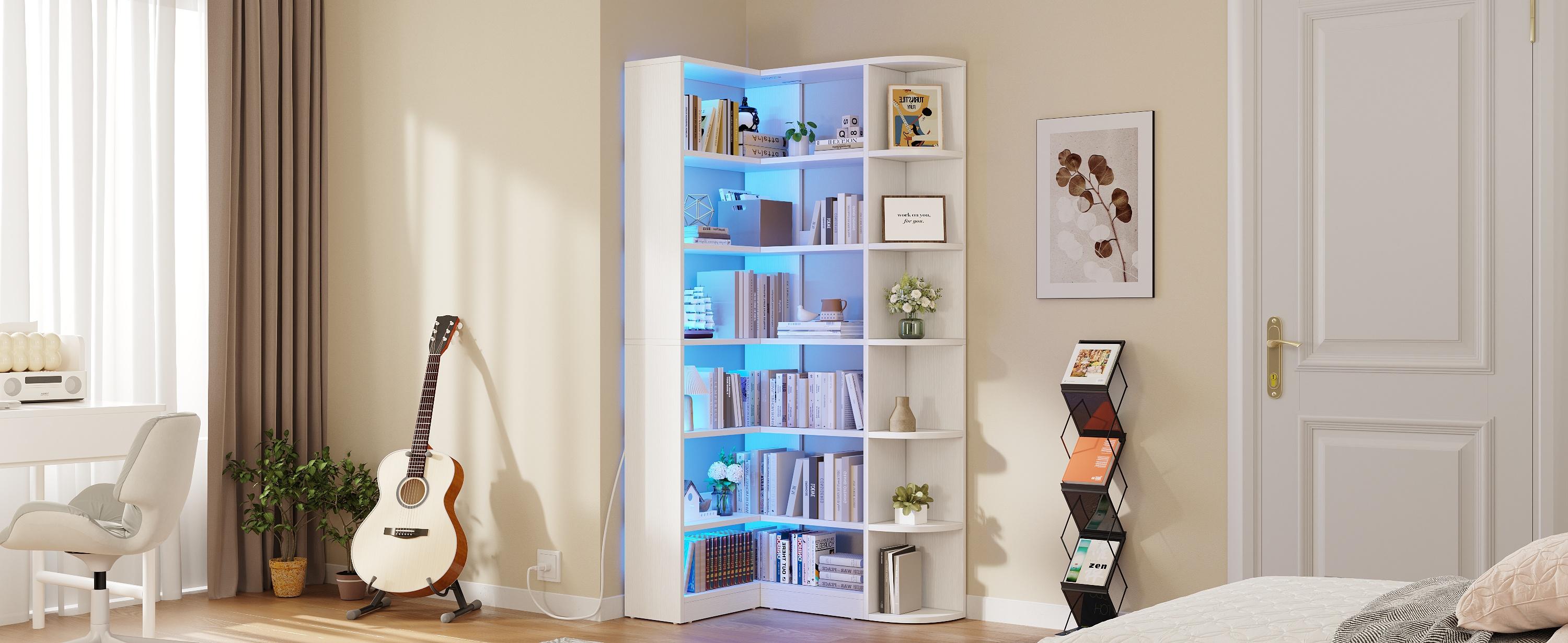 Yitahome 6 Tier Corner Bookshelf with LED Light, White Bookshelf L-Shaped Bookcase Storage Display Shelf for Home Office, Living Room