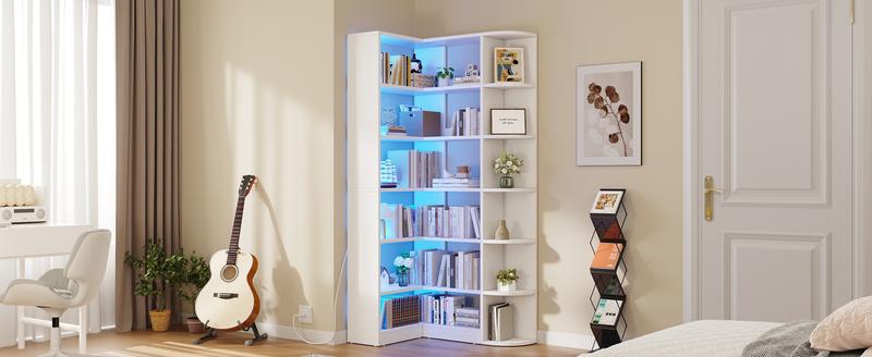 Yitahome 6 Tier Corner Bookshelf with LED Light, White Bookshelf L-Shaped Bookcase Storage Display Shelf for Home Office, Living Room