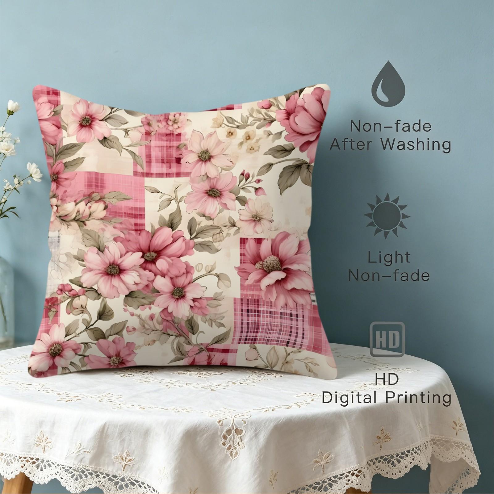 Vintage Floral Gingham Patchwork Digital Print Throw Pillow, Soft Square Decorative Accent Pillow Cushion Includes Pillow Core, Cottage Style Pillow for Sofa Couch Window Bench, Machine Washable Country Home Decor Gift for Women, Polyester Fiber Cushion