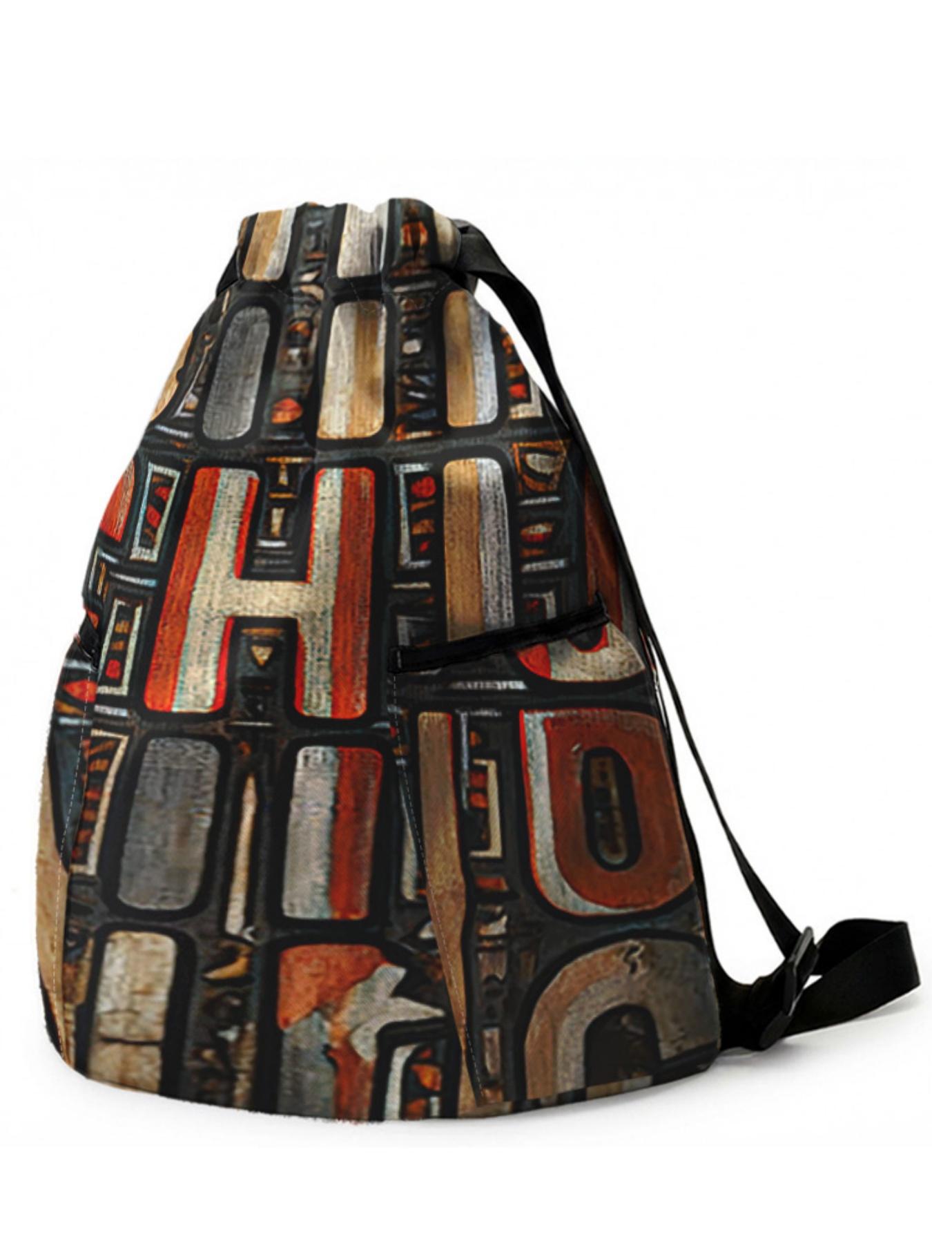 1 piece of 2D printed drawstring backpack with letter pattern 'CHIC' - large capacity durable fitness bag, with adjustable shoulder straps, suitable for both men and women, essential for travel, hiking, camping