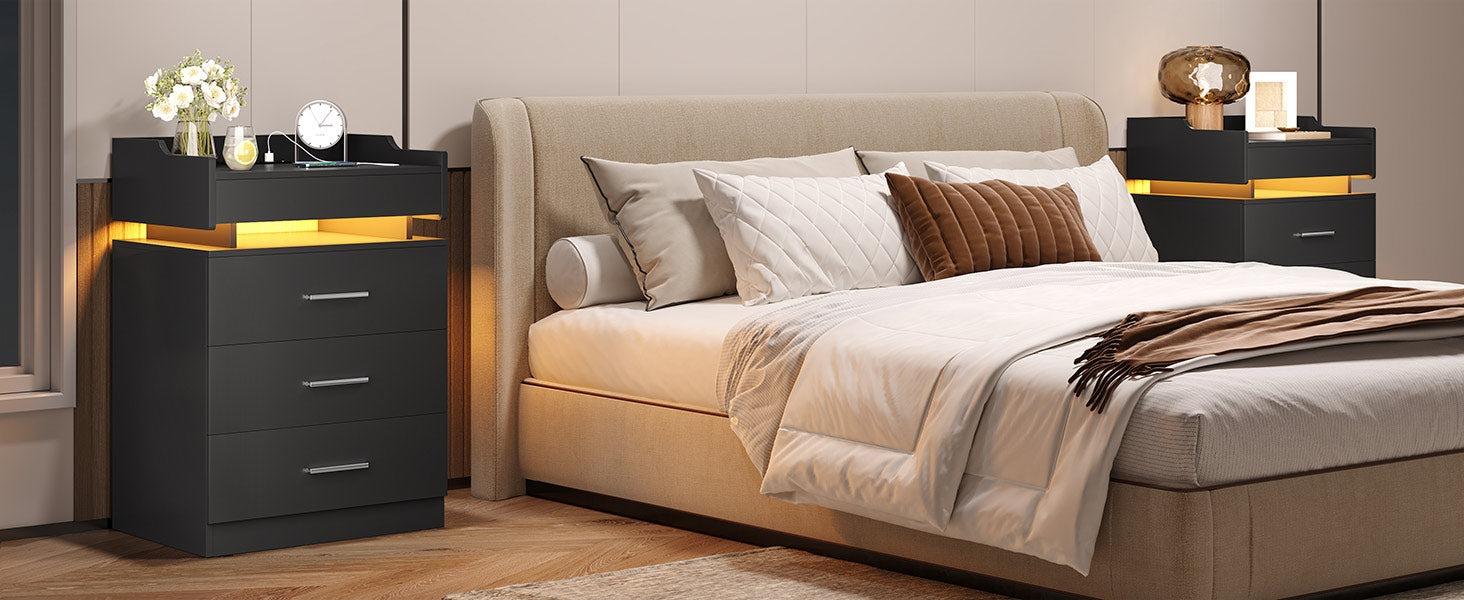 Sikaic Large Nightstand With Charging Station And LED Lights Furniture Bedroom Table Drawer