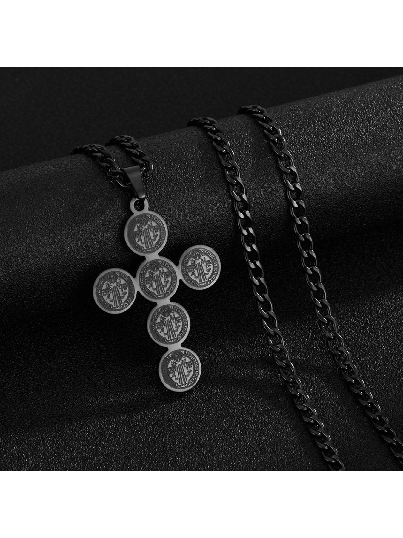Vintage Cross Engraved Coin Pendant Necklace, Grunge Streetwear Titanium Steel Chain, Non-Tarnish Edgy Jewelry