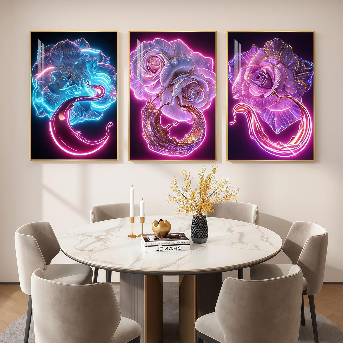 3 Counts Aluminum Alloy Framed Painting, Neon Glowing Roses And Petals Pictures, Home Decoration For Living Room, Bedroom, Office, Restaurant, Hallway Wall Decor, Odorless Print Artwork, Luxury Perfect Gift For Friends And Family