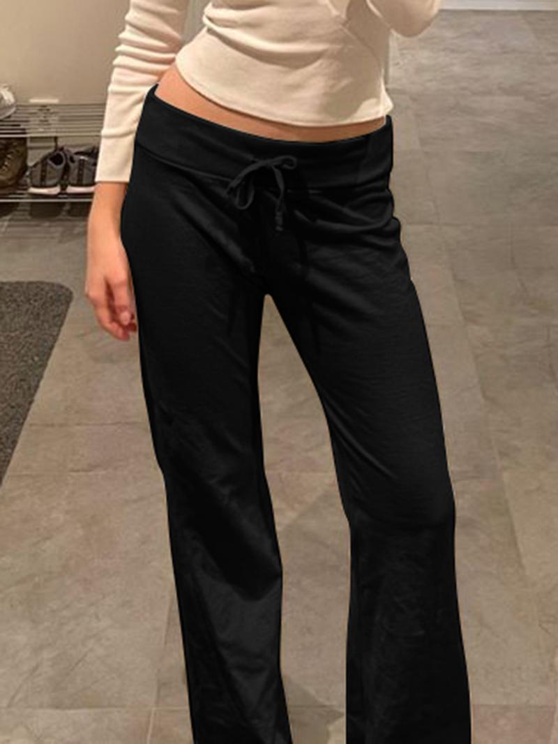 Women's Solid Drawstring Waist Pants, Casual Comfy Straight Leg Trousers for Daily Wear, Rib Flares Pants, Ladies Bottoms for Spring & Summer & Fall