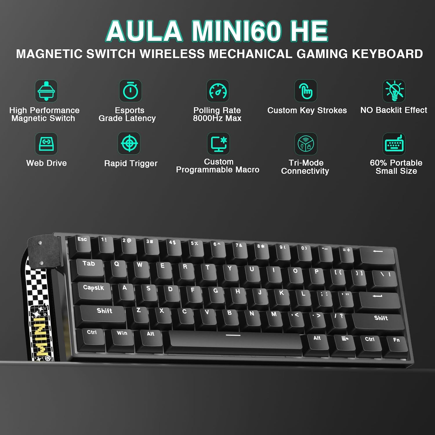 Aula MINI60 HE  Gaming Keyboard 60%,Hall Effect Rapid Trigger  Keyboard,8000Hz Polling,Tri-Mode(BT5.0/2.4GHz/USB-C),Hot Swappable Compact Mechanical Keyboard for Gamer(Black)