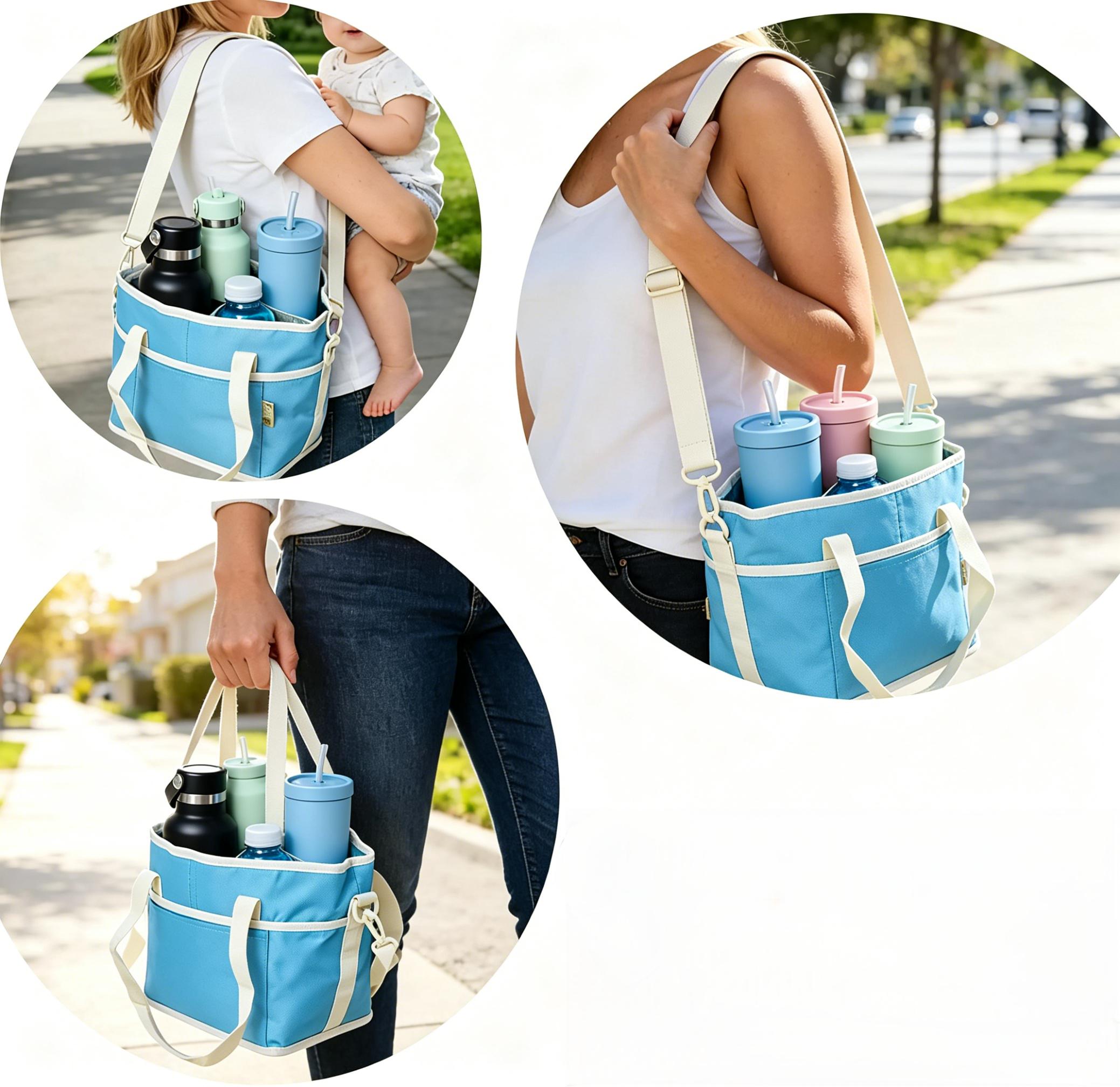 4 Compartment Insulated Drink Carrier Bag, Family Size Tumbler Caddy with Adjustable Strap, Reusable Drink Holder for Hiking, Camping, Sports & Family Outings, Blue/Black Available