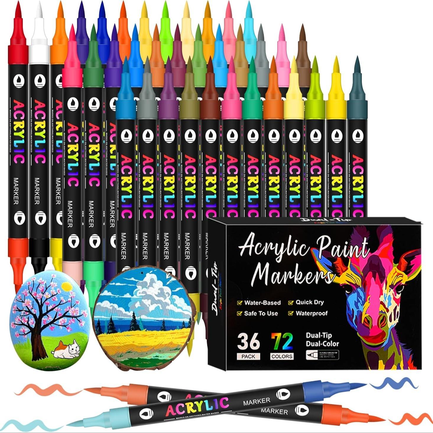24/120 Color Acrylic Paint Markers, Art Markers Set, Dual Tip Set of 12-60 Pieces, Ideal for Rock Painting, Canvas, Wood, Glass, Ceramic, Fabric, Plastic