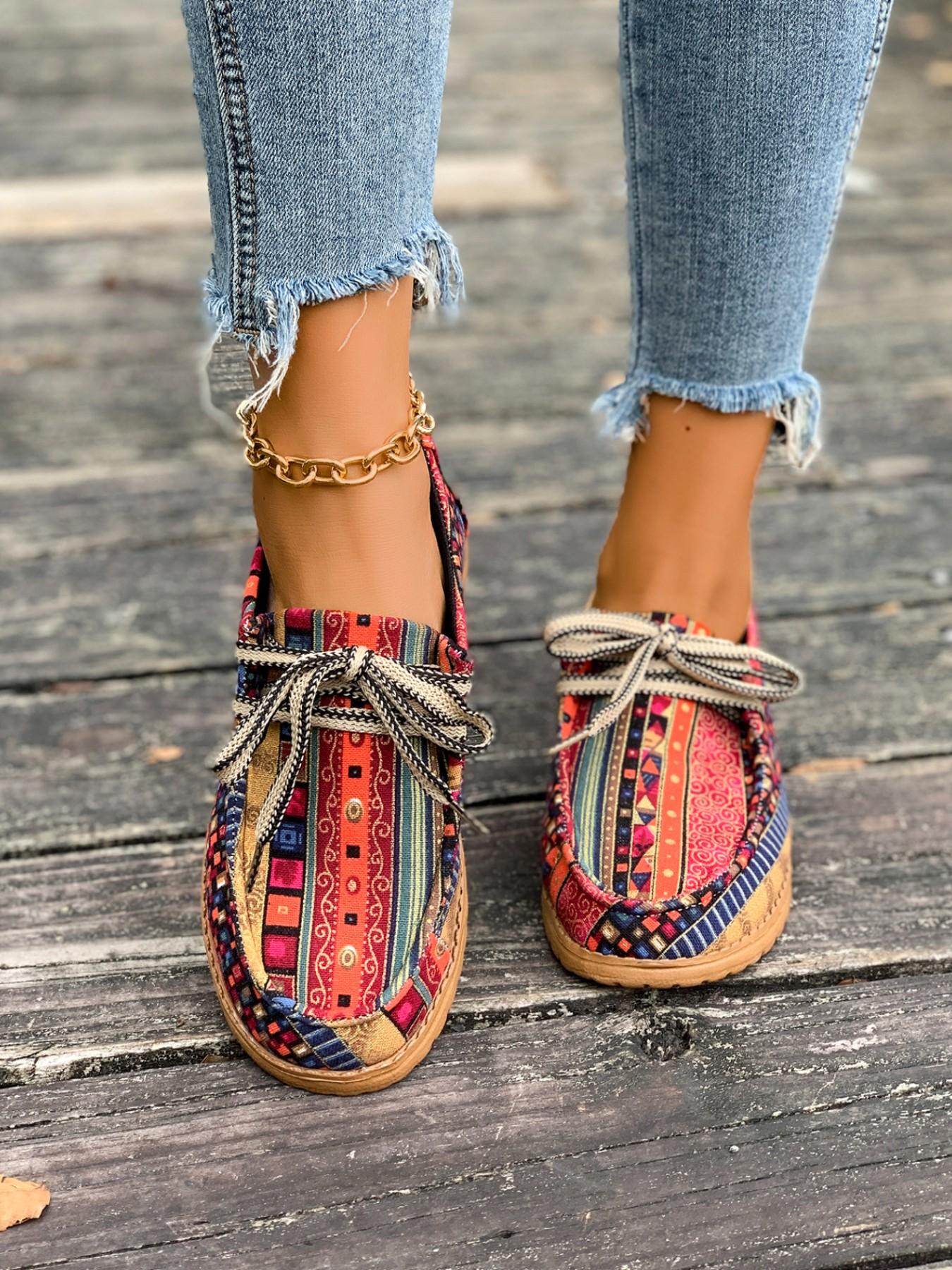 Women's Ethnic Style Patchwork Print Thick Sole Casual Shoes, Lace-Up Retro Versatile Loafers, Comfortable and Stylish Footwear
