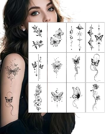 Black Butterfly Temporary Tattoos 12 Sheets Floral and Celestial Designs Waterproof Fake Tattoos Body Art Stickers for Women(Black butterfly-12C）