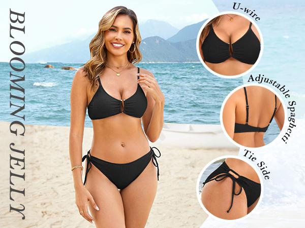 Blooming Jelly Color Block Textured U-Wire Swimsuits Womens Sexy Cheeky High Cut 2 Piece Bikini Sets
