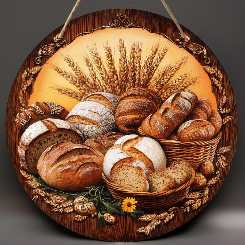 Round Wooden Hanging Decor, Bread & Wheat Pattern Hanging Swag, Wall Art Decor for Home Kitchen Coffee Shop Office, Hangable