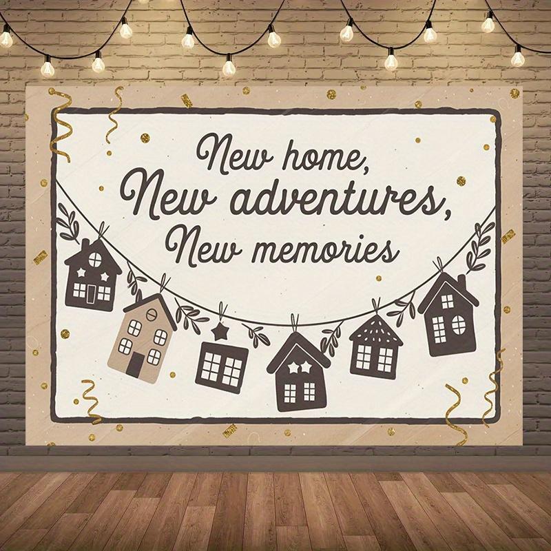 1pc Housewarming Party Banner - "New Home, New Adventures, New Memories" Backdrop Decor with Golden Glitter & Cartoon Houses  Polyester,  Perfect for Holiday Parties, Home Decor & Studio Props, Photo Booth Prop | Ru