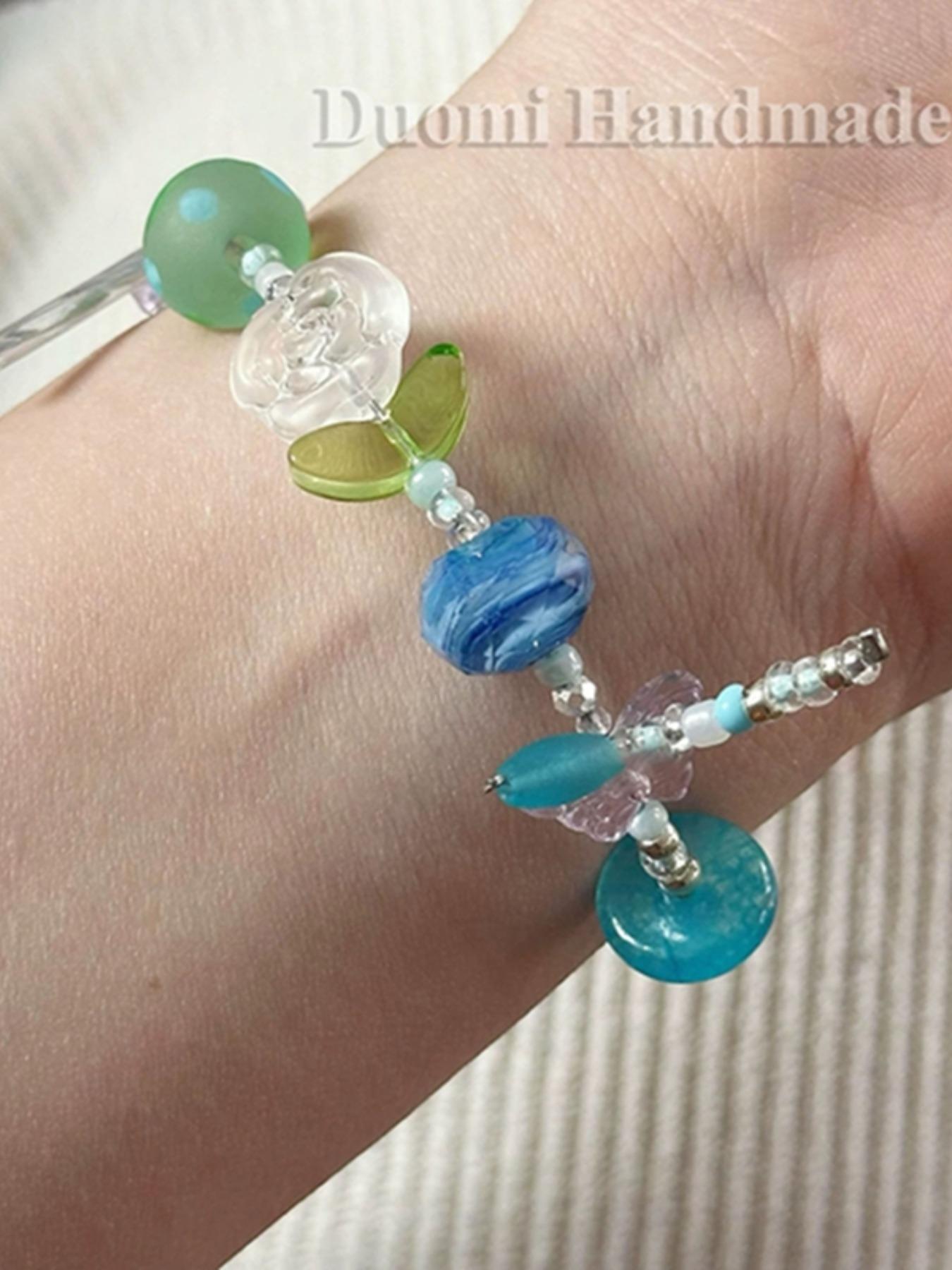 5pcs Blue Oil Painting Style Cut Glass Beads for DIY Jewelry Making, Ditsy Floral Pattern, Contemporary Design for Bracelets & Necklaces