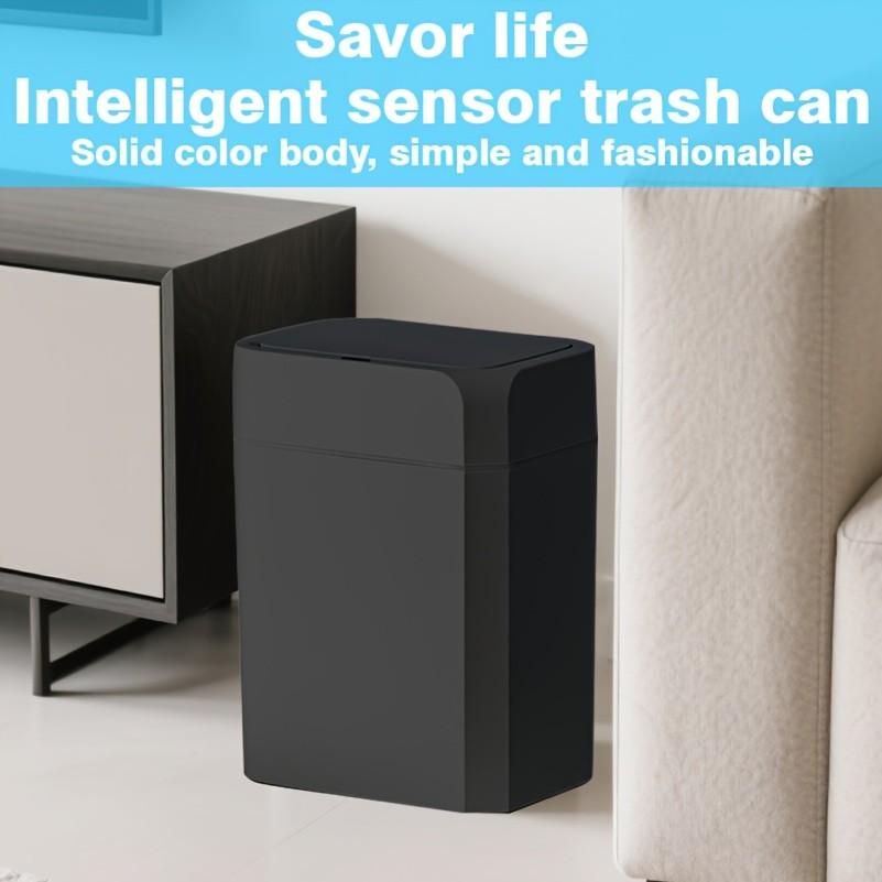 Touchless Trash Can, 3.43 & 5.02 GAL sizes available, automatic motion sensor garbage bin, hands-free soft-close lid, slim plastic body with odor-sealing design, suitable for kitchen, bathroom, office, hotel, requires 2 AA batteries (not included).