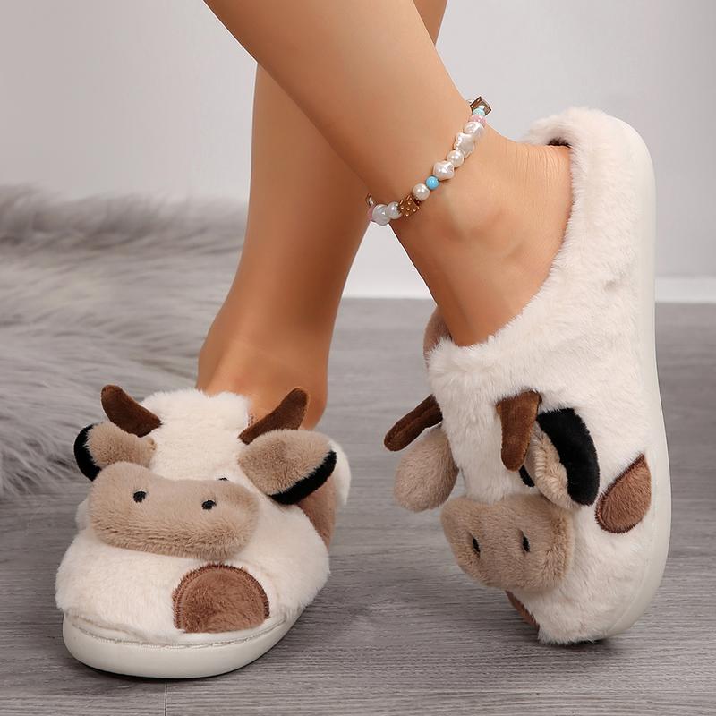 Cartoon Cow Cotton Slippers, Winter Indoor Outdoor Slippers for Women