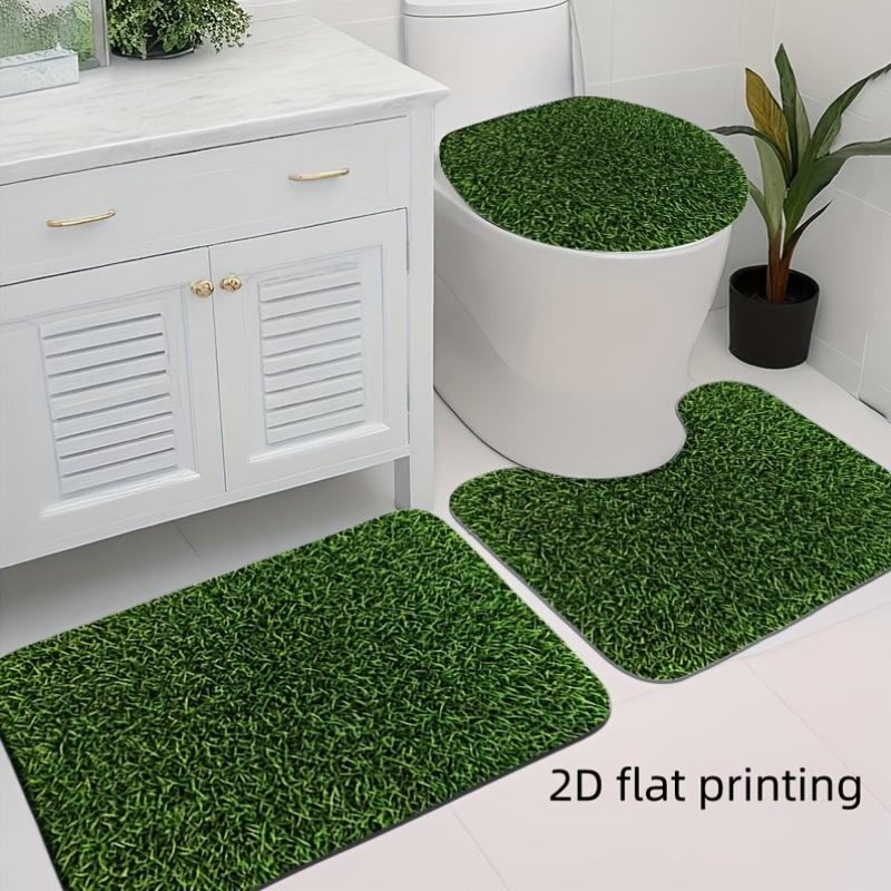 2D Flat, 2D Flat, 2D Flat Printing, 3pcs Lawn Grass Pattern Bathroom Mat And Carpet Set, Toilet Lid Mat, Toilet U-Shaped Pad, Fleece Material, Soft Surface