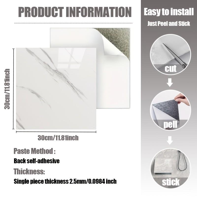 30cm X 30cm Marble Wall Sticker, Peel and Stick Tile Floor Decal, Easy Installation, Bathroom Kitchen Bedroom Living Room Home Decor Wallpaper