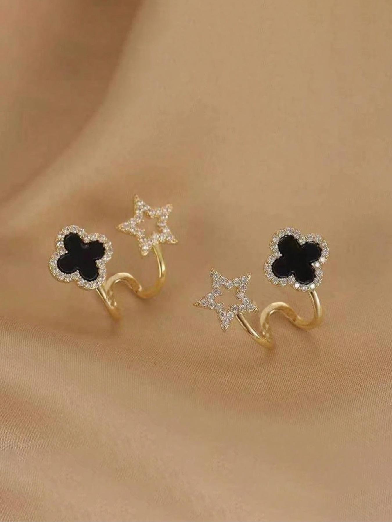 Star Four-Leaf Flower Earrings, Asymmetrical Design for Women, Unique Daily Wear Jewelry, Fashionable Ear Studs for Everyday Use