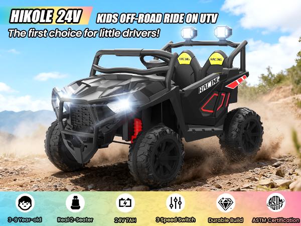 Hikole 24V 2-Seater Ride On Truck for Kids – Electric UTV w/ Remote, Bluetooth, LED Lights, Music & Shock Absorption, Christmas Gifts for Kids 2025