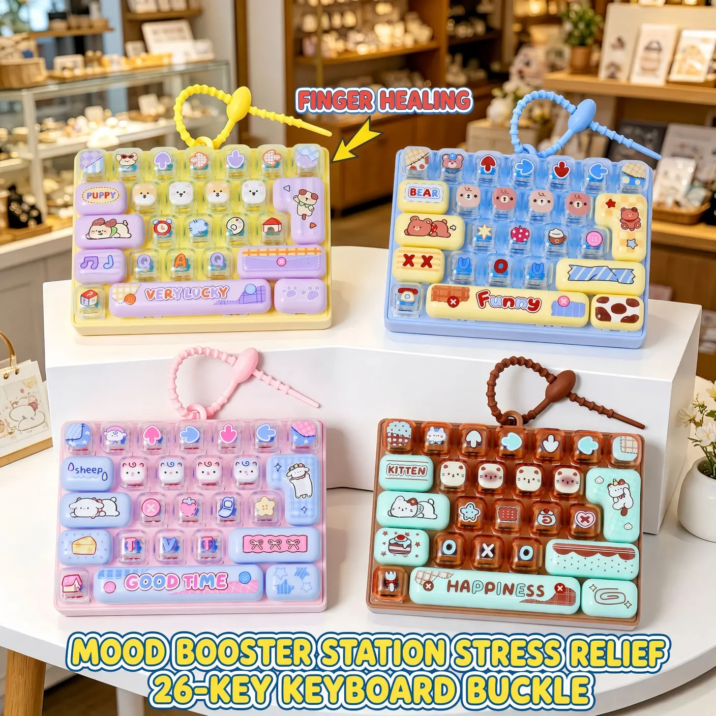 26-Key Cartoon Animal Fidget Keyboard Keychain, Mini Press Stress Relief Clicker Toy, Cute Mood Booster Pendant for Backpack, Fun Sensory Relaxation Gift