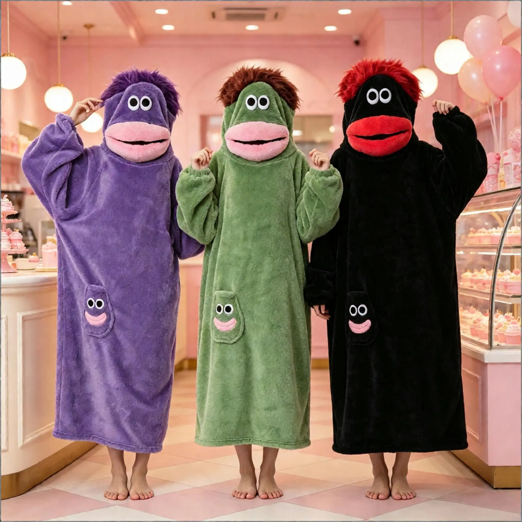 Big Mouth Monster Hooded Robe Unisex 3D Doll Head Wearable Blanket Loose One Piece Loungewear Purple Funny Cosplay Costume Pajama Party Quirky Festival Outfit Christmas Halloween Gift Adult Homewear Oversized Pullover