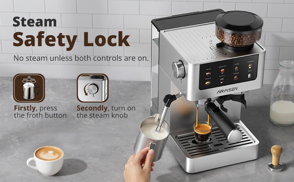 AIRMSEN Espresso Coffee Machine with Grinder,20 Bar,Household Stainless Steel, Professional Espresso Maker with Removable Water Tank,Milk Frother BCM2316