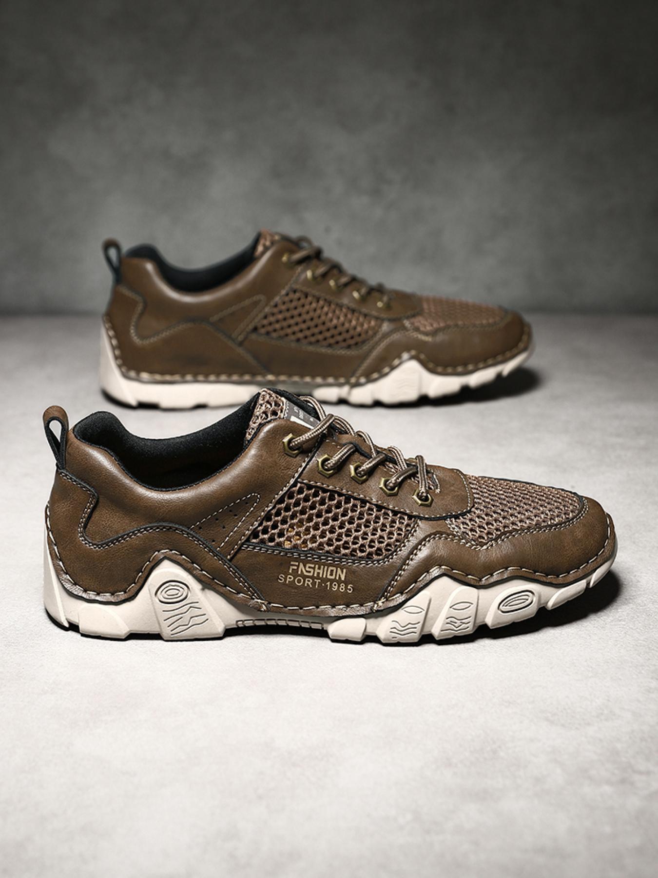 Men's Solid Color Mesh Patchwork Casual Sneakers, Hand-Stitched Thick-Soled Non-Slip Hiking Shoes, Trendy Versatile Breathable Dad Shoes