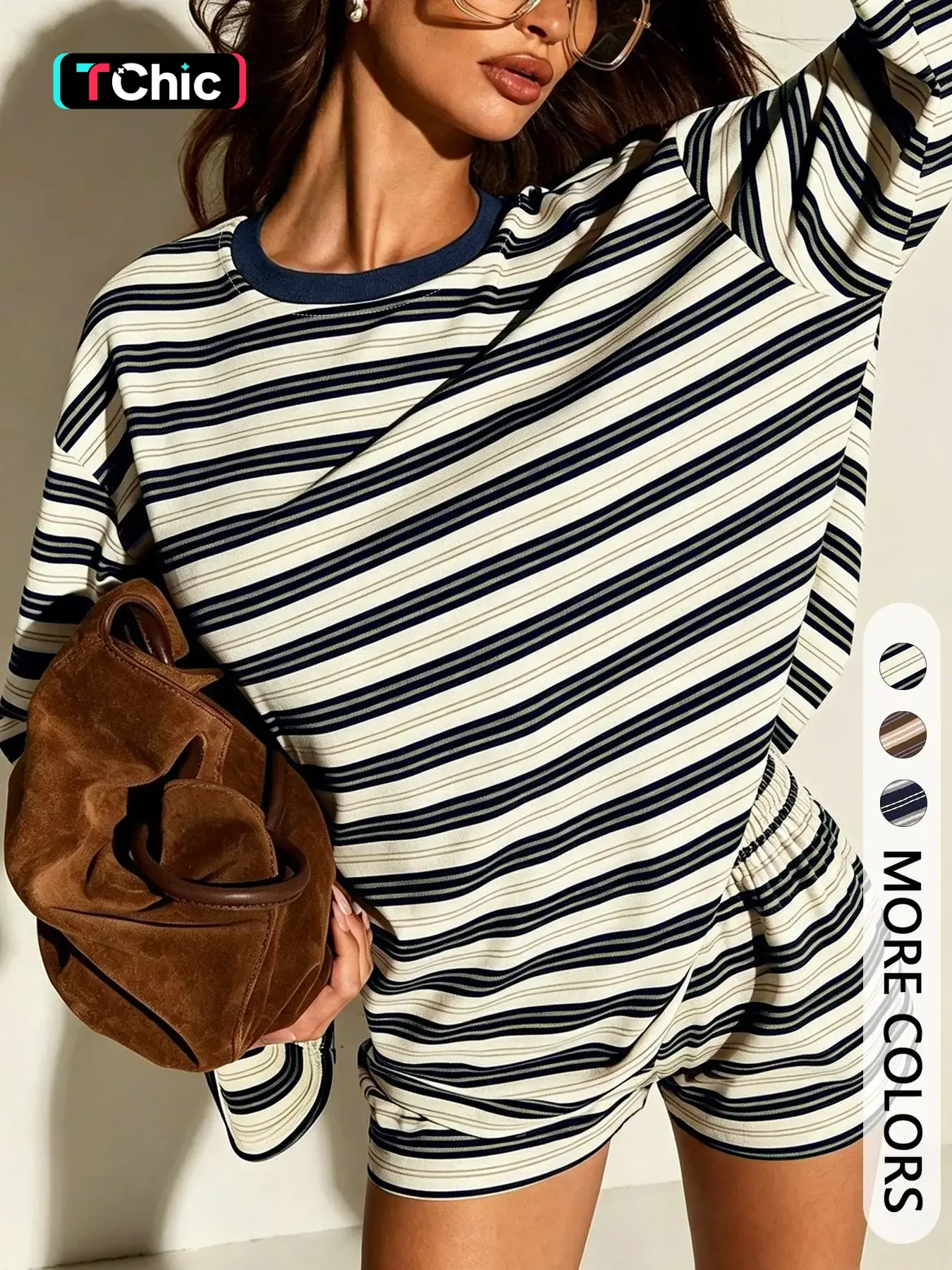 2 Piece Women Crew Neck Horizontal Stripe Loose Long Sleeve Sweatshirt Matching Elastic Waist Shorts Casual Loungewear Two Piece Set No Necklace