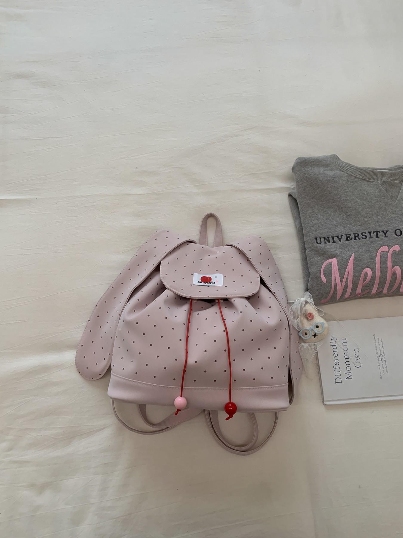 New Rabbit Ears Polka Dot Backpack, Cute Korean Style Student Bag, Large Capacity Commuter Backpack, Soft Adorable Bunny Shoulder Bag