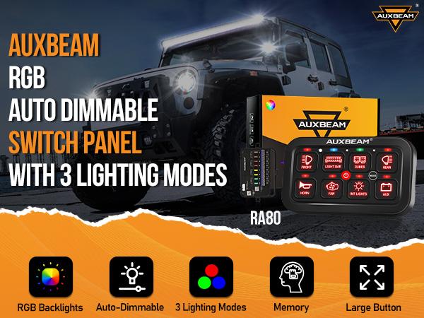 Auxbeam RGB 8 Gang Switch Panel Toggle Momentary Pulsed Mode with RGB Backlight & Waterproof Cover DC 12-24V Manual Backlit Off for Outdoor Lighting