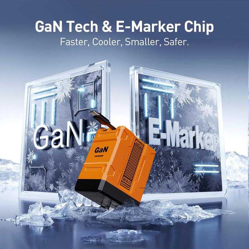 W&O Compatible with 120W GaN Fast Charger | Retractable Type-C & Lightning Cables |Foldable Adapter for iPhone 16, iPad, MacBook, Multi-Device Fast Charging