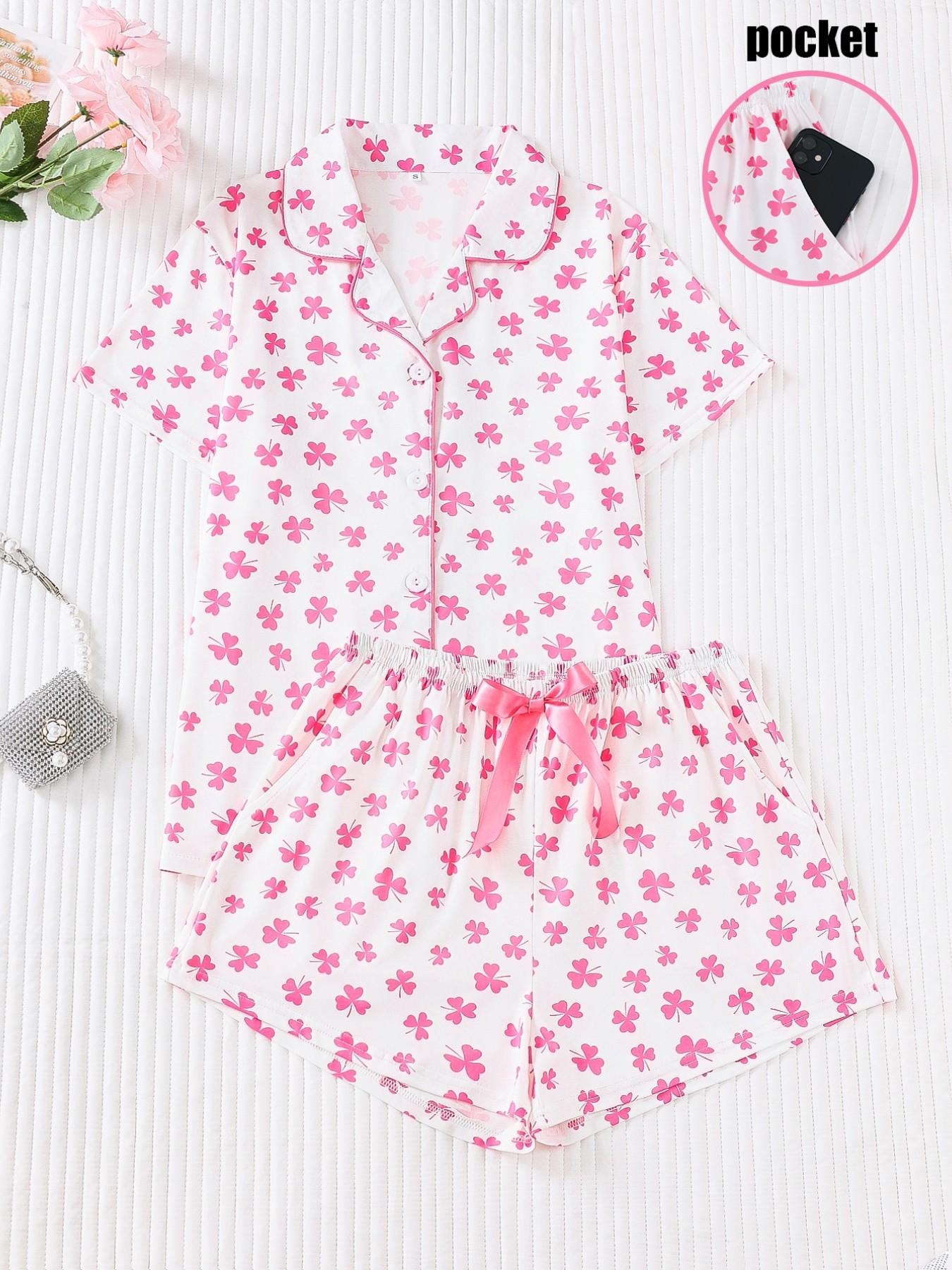 Women's Two-Piece Sleepwear Set, Bow Full-Print Design, Soft & Smooth Fabric, Casual Fitted Style, All Season Comfortable Wear