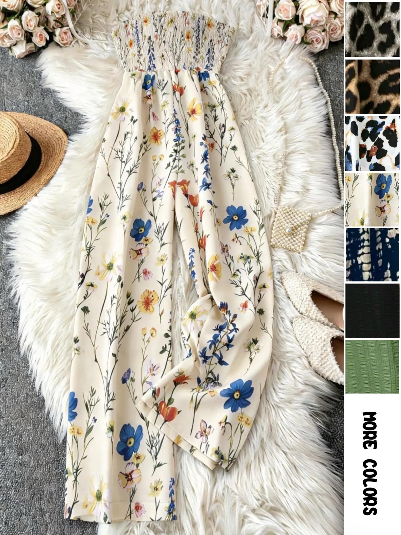 Women's Leopard Print Shirred Wide Leg Jumpsuit, Casual Sleeveless Tube Jumpsuit for Vacation Holiday, Ladies Clothes for All Seasons