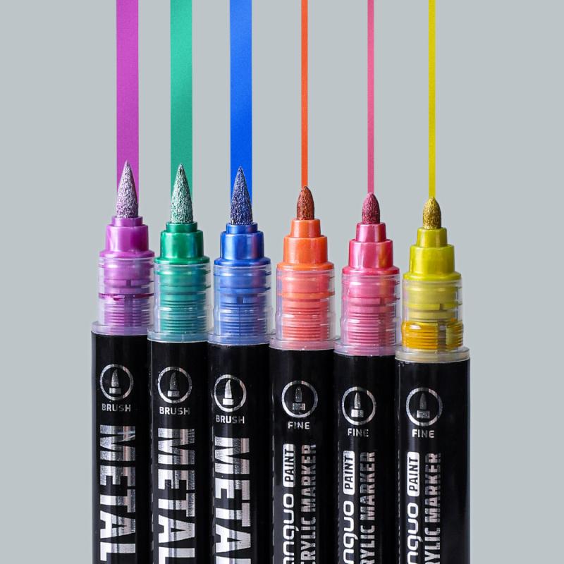 Acrylic Paint Metallic Markers, Automatic ink control Dual Tip (Brush & Fine)for Black Paper & Rock Painting Metallic Acrylic Paint Markers for DIY Crafts, Scrapbooking, Glass, Wood, Drawing Markers